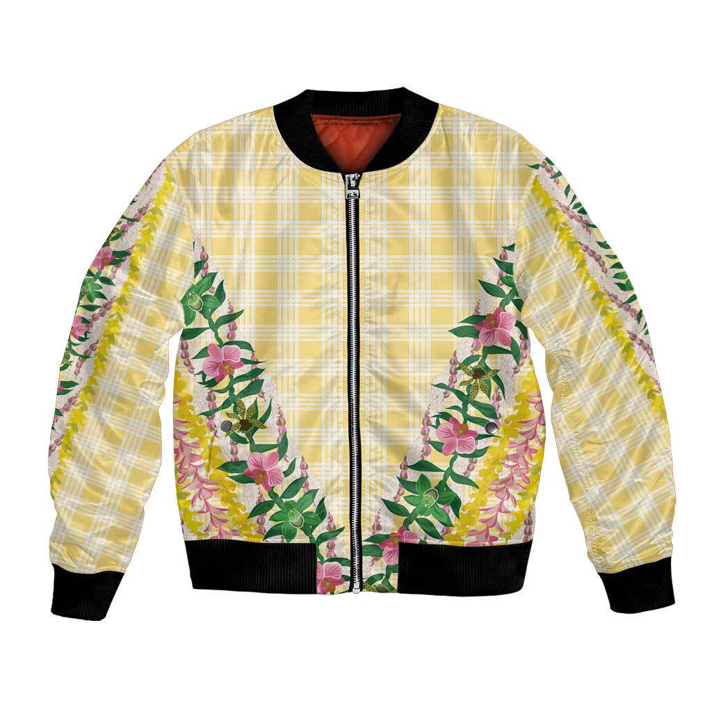 Hawaii Pikake Lokelani Plumeria Lei Bomber Jacket Yellow Palaka Motifs LT05 Unisex Yellow - Polynesian Pride