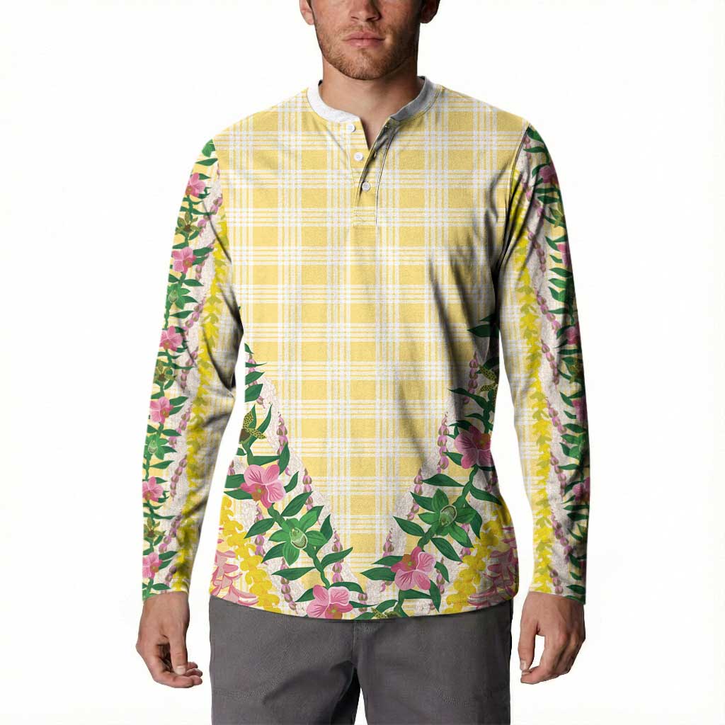 Hawaii Pikake Lokelani Plumeria Lei Button Sweatshirt Yellow Palaka Motifs