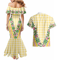 Hawaii Pikake Lokelani Plumeria Lei Couples Matching Mermaid Dress and Hawaiian Shirt Yellow Palaka Motifs LT05 - Polynesian Pride