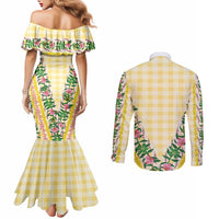 Hawaii Pikake Lokelani Plumeria Lei Couples Matching Mermaid Dress and Long Sleeve Button Shirt Yellow Palaka Motifs