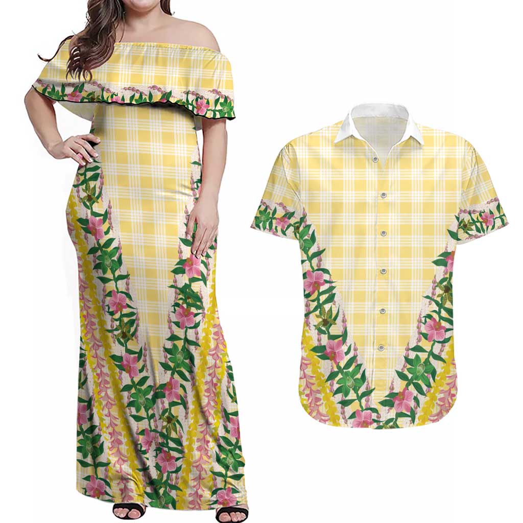 Hawaii Pikake Lokelani Plumeria Lei Couples Matching Off Shoulder Maxi Dress and Hawaiian Shirt Yellow Palaka Motifs