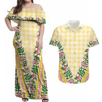 Hawaii Pikake Lokelani Plumeria Lei Couples Matching Off Shoulder Maxi Dress and Hawaiian Shirt Yellow Palaka Motifs