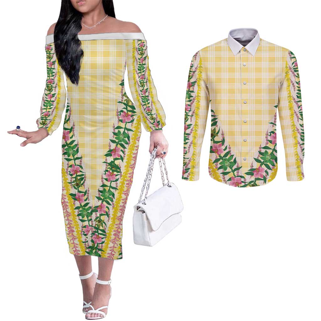 Hawaii Pikake Lokelani Plumeria Lei Couples Matching Off The Shoulder Long Sleeve Dress and Long Sleeve Button Shirt Yellow Palaka Motifs