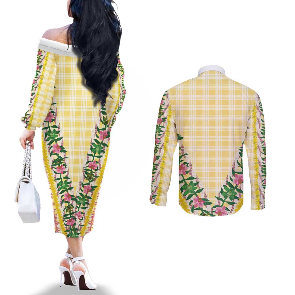 Hawaii Pikake Lokelani Plumeria Lei Couples Matching Off The Shoulder Long Sleeve Dress and Long Sleeve Button Shirt Yellow Palaka Motifs