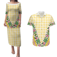Hawaii Pikake Lokelani Plumeria Lei Couples Matching Puletasi and Hawaiian Shirt Yellow Palaka Motifs