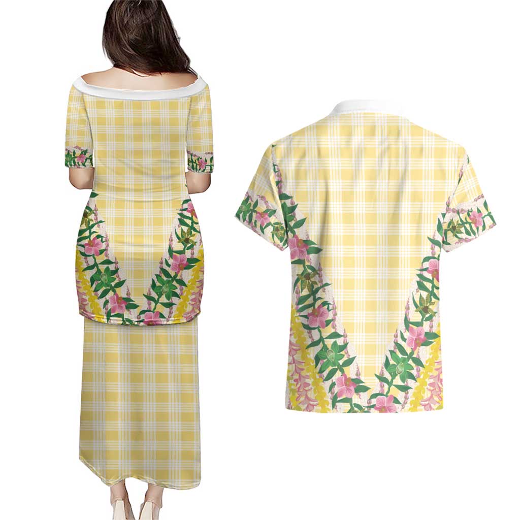 Hawaii Pikake Lokelani Plumeria Lei Couples Matching Puletasi and Hawaiian Shirt Yellow Palaka Motifs