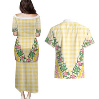 Hawaii Pikake Lokelani Plumeria Lei Couples Matching Puletasi and Hawaiian Shirt Yellow Palaka Motifs