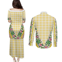 Hawaii Pikake Lokelani Plumeria Lei Couples Matching Puletasi and Long Sleeve Button Shirt Yellow Palaka Motifs LT05 - Polynesian Pride