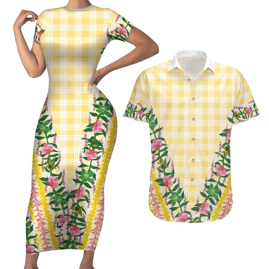 Hawaii Pikake Lokelani Plumeria Lei Couples Matching Short Sleeve Bodycon Dress and Hawaiian Shirt Yellow Palaka Motifs LT05 Yellow - Polynesian Pride