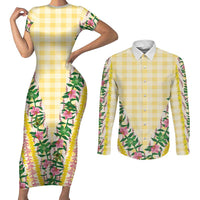 Hawaii Pikake Lokelani Plumeria Lei Couples Matching Short Sleeve Bodycon Dress and Long Sleeve Button Shirt Yellow Palaka Motifs