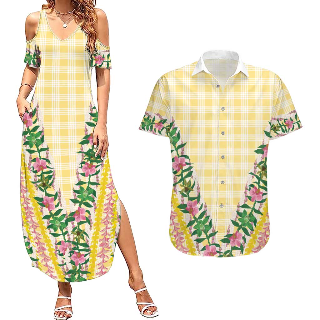 Hawaii Pikake Lokelani Plumeria Lei Couples Matching Summer Maxi Dress and Hawaiian Shirt Yellow Palaka Motifs