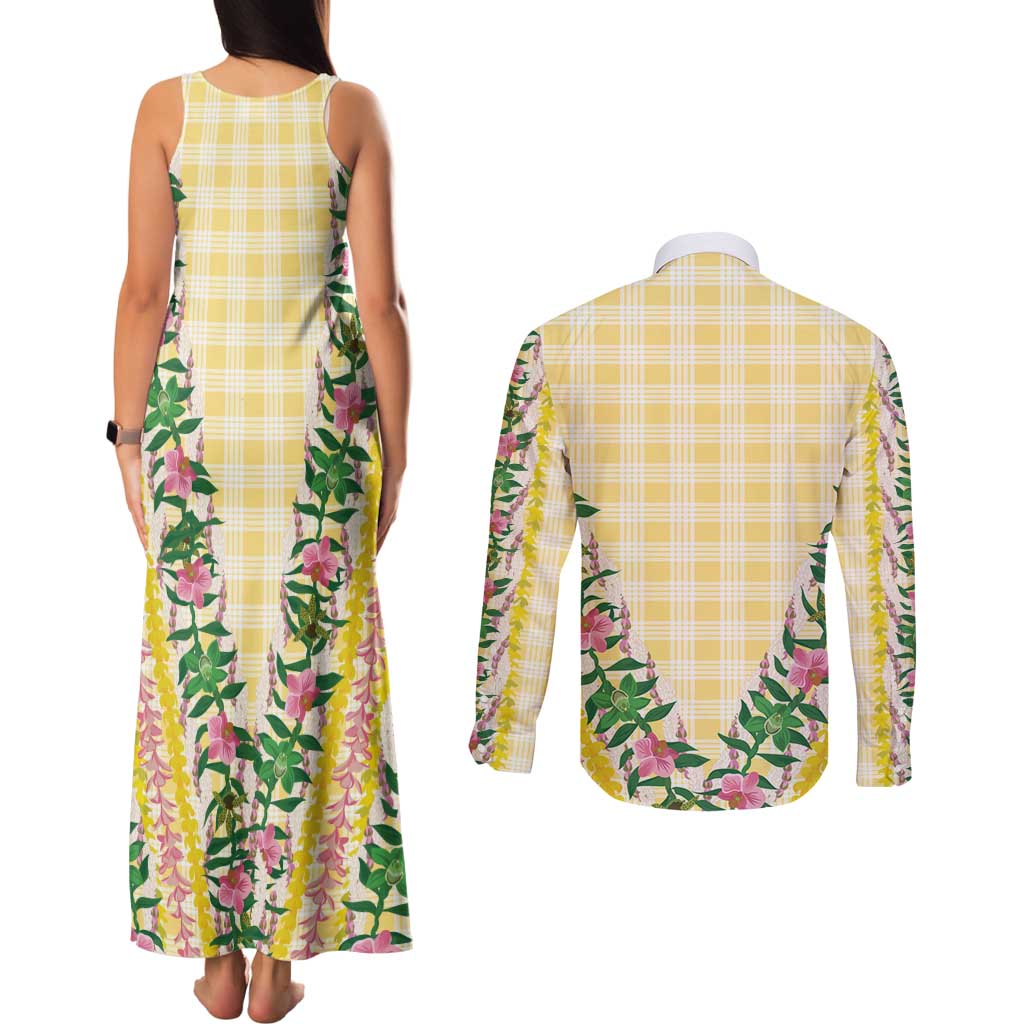 Hawaii Pikake Lokelani Plumeria Lei Couples Matching Tank Maxi Dress and Long Sleeve Button Shirt Yellow Palaka Motifs