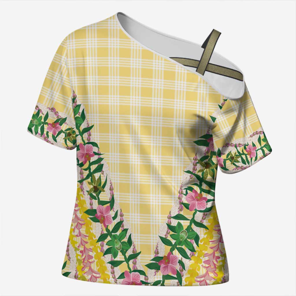 Hawaii Pikake Lokelani Plumeria Lei Cross Shoulder Shirt Yellow Palaka Motifs LT05 Female Yellow - Polynesian Pride