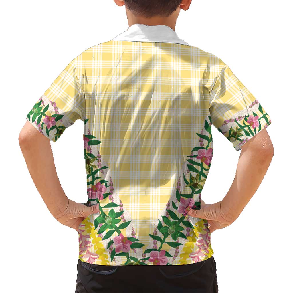 Hawaii Pikake Lokelani Plumeria Lei Family Matching Long Sleeve Bodycon Dress and Hawaiian Shirt Yellow Palaka Motifs LT05 - Polynesian Pride