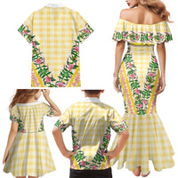 Hawaii Pikake Lokelani Plumeria Lei Family Matching Mermaid Dress and Hawaiian Shirt Yellow Palaka Motifs LT05 - Polynesian Pride