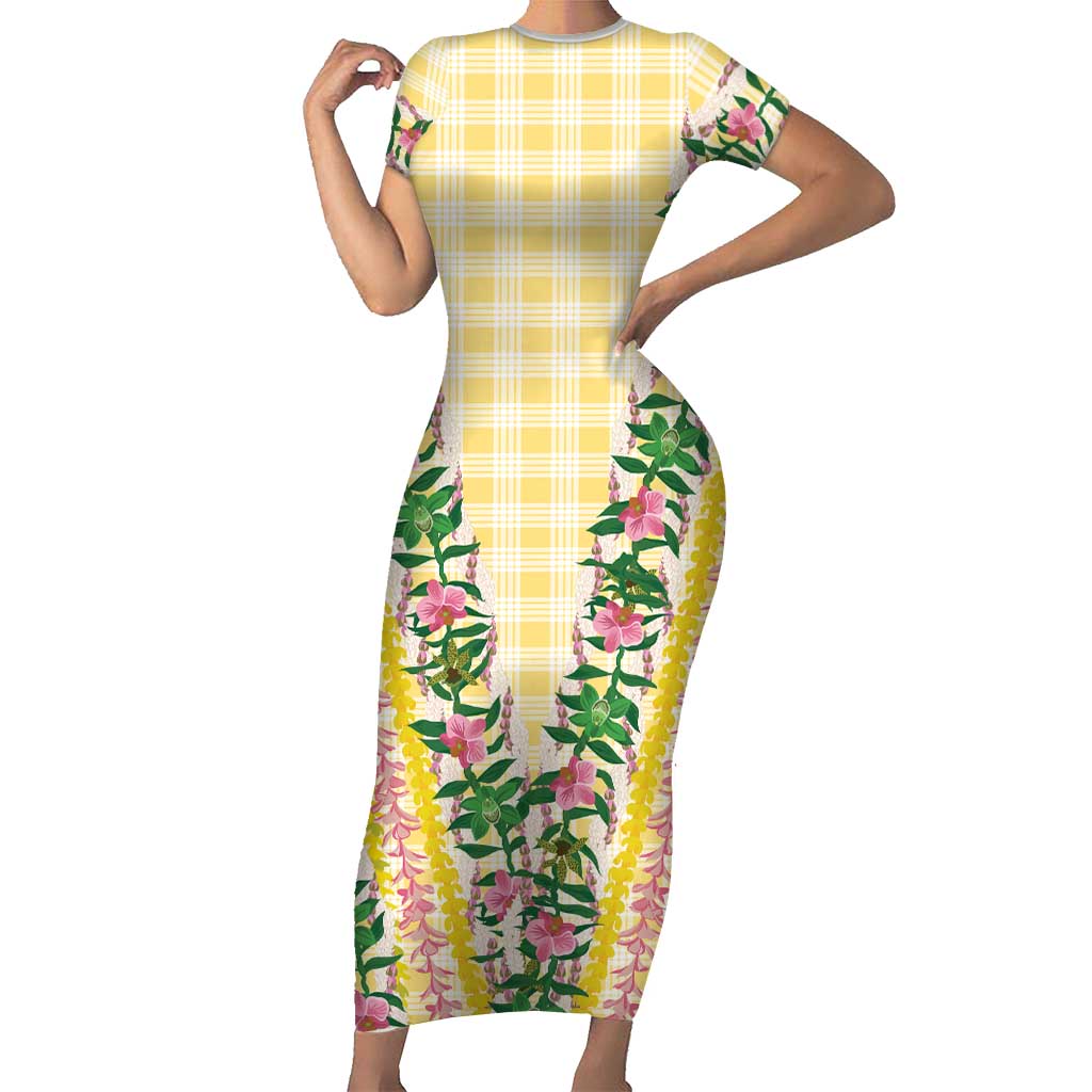 Hawaii Pikake Lokelani Plumeria Lei Family Matching Short Sleeve Bodycon Dress and Hawaiian Shirt Yellow Palaka Motifs LT05 Mom's Dress Yellow - Polynesian Pride