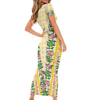 Hawaii Pikake Lokelani Plumeria Lei Family Matching Short Sleeve Bodycon Dress and Hawaiian Shirt Yellow Palaka Motifs LT05 - Polynesian Pride