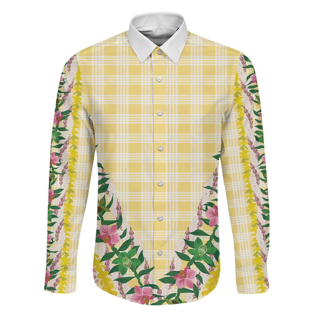 Hawaii Pikake Lokelani Plumeria Lei Family Matching Summer Maxi Dress and Hawaiian Shirt Yellow Palaka Motifs LT05 Dad's Shirt - Long Sleeve Yellow - Polynesian Pride