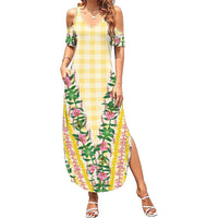 Hawaii Pikake Lokelani Plumeria Lei Family Matching Summer Maxi Dress and Hawaiian Shirt Yellow Palaka Motifs LT05 Mom's Dress Yellow - Polynesian Pride