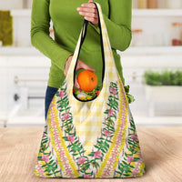 Hawaii Pikake Lokelani Plumeria Lei Grocery Bag Yellow Palaka Motifs