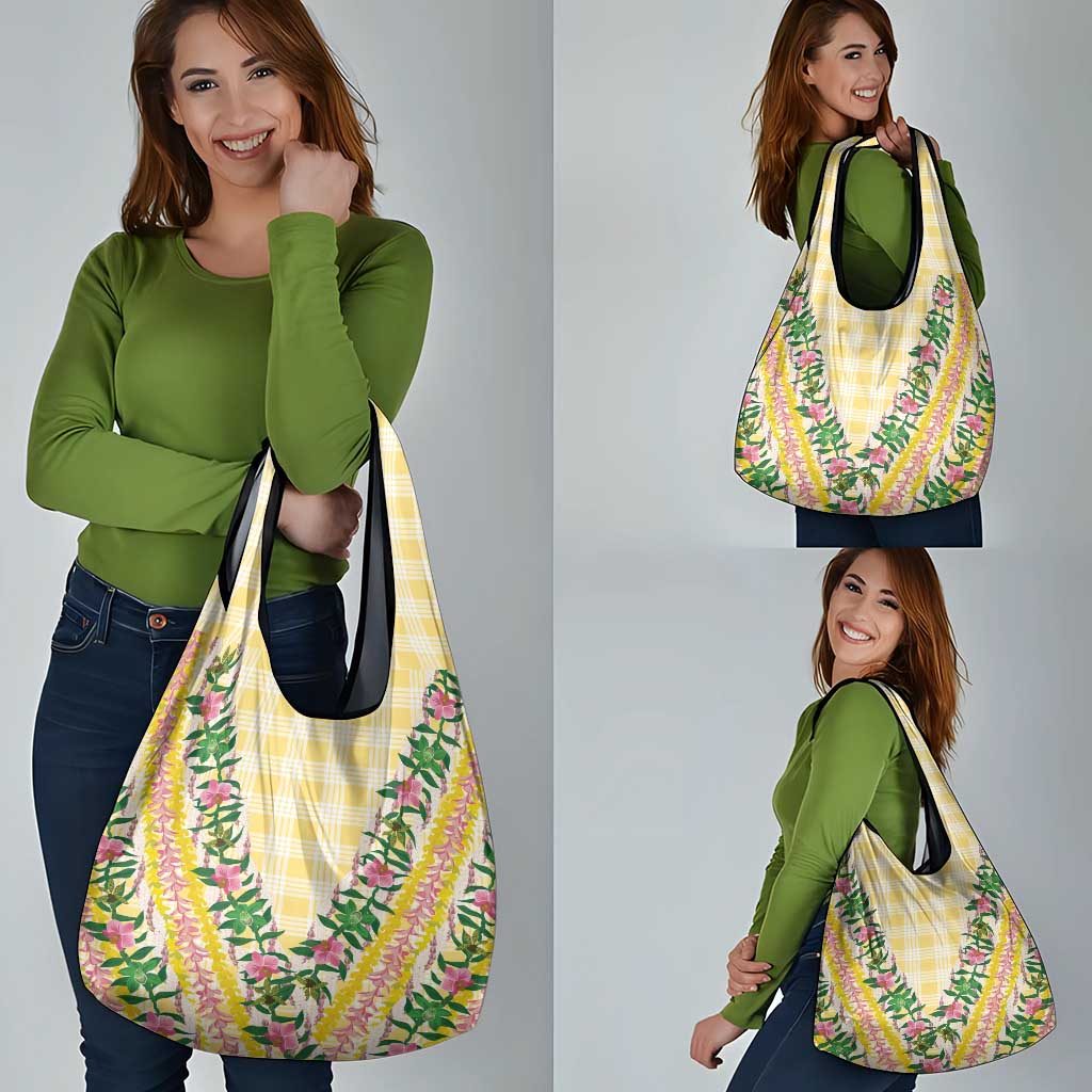 Hawaii Pikake Lokelani Plumeria Lei Grocery Bag Yellow Palaka Motifs