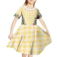 Hawaii Pikake Lokelani Plumeria Lei Kid Short Sleeve Dress Yellow Palaka Motifs LT05 - Polynesian Pride