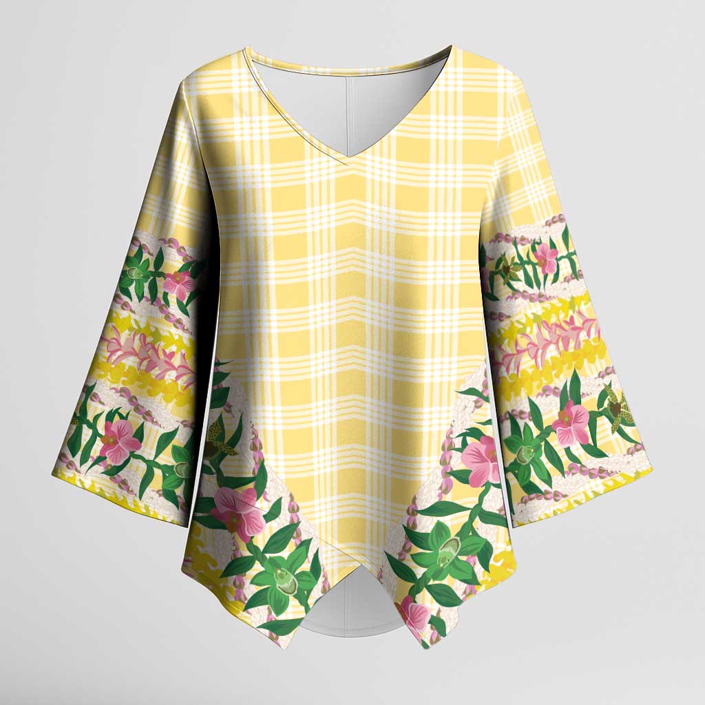 Hawaii Pikake Lokelani Plumeria Lei Kimono Sleeve Blouse Yellow Palaka Motifs LT05 Female Yellow - Polynesian Pride