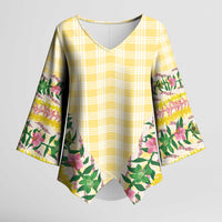 Hawaii Pikake Lokelani Plumeria Lei Kimono Sleeve Blouse Yellow Palaka Motifs LT05 Female Yellow - Polynesian Pride