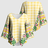 Hawaii Pikake Lokelani Plumeria Lei Kimono Sleeve Blouse Yellow Palaka Motifs LT05 - Polynesian Pride