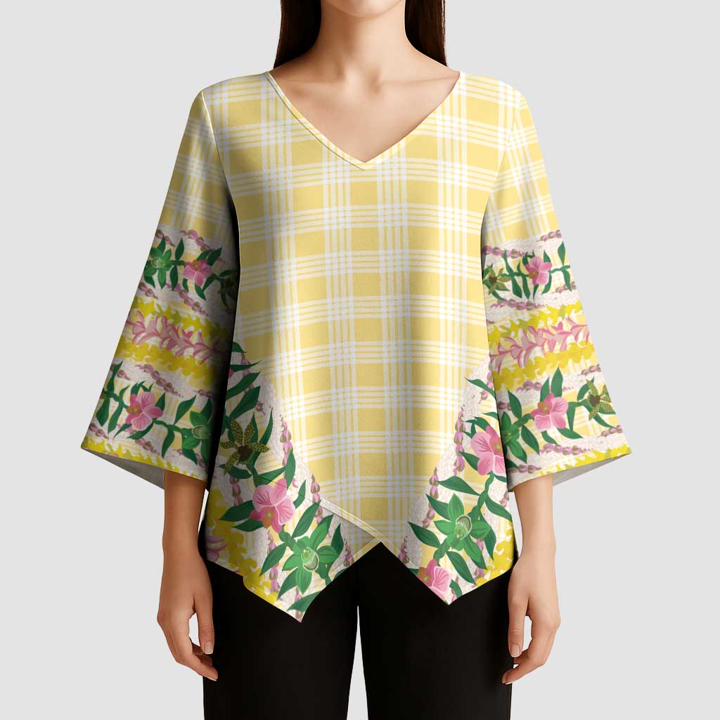 Hawaii Pikake Lokelani Plumeria Lei Kimono Sleeve Blouse Yellow Palaka Motifs LT05 - Polynesian Pride