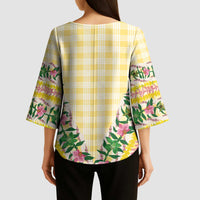 Hawaii Pikake Lokelani Plumeria Lei Kimono Sleeve Blouse Yellow Palaka Motifs LT05 - Polynesian Pride
