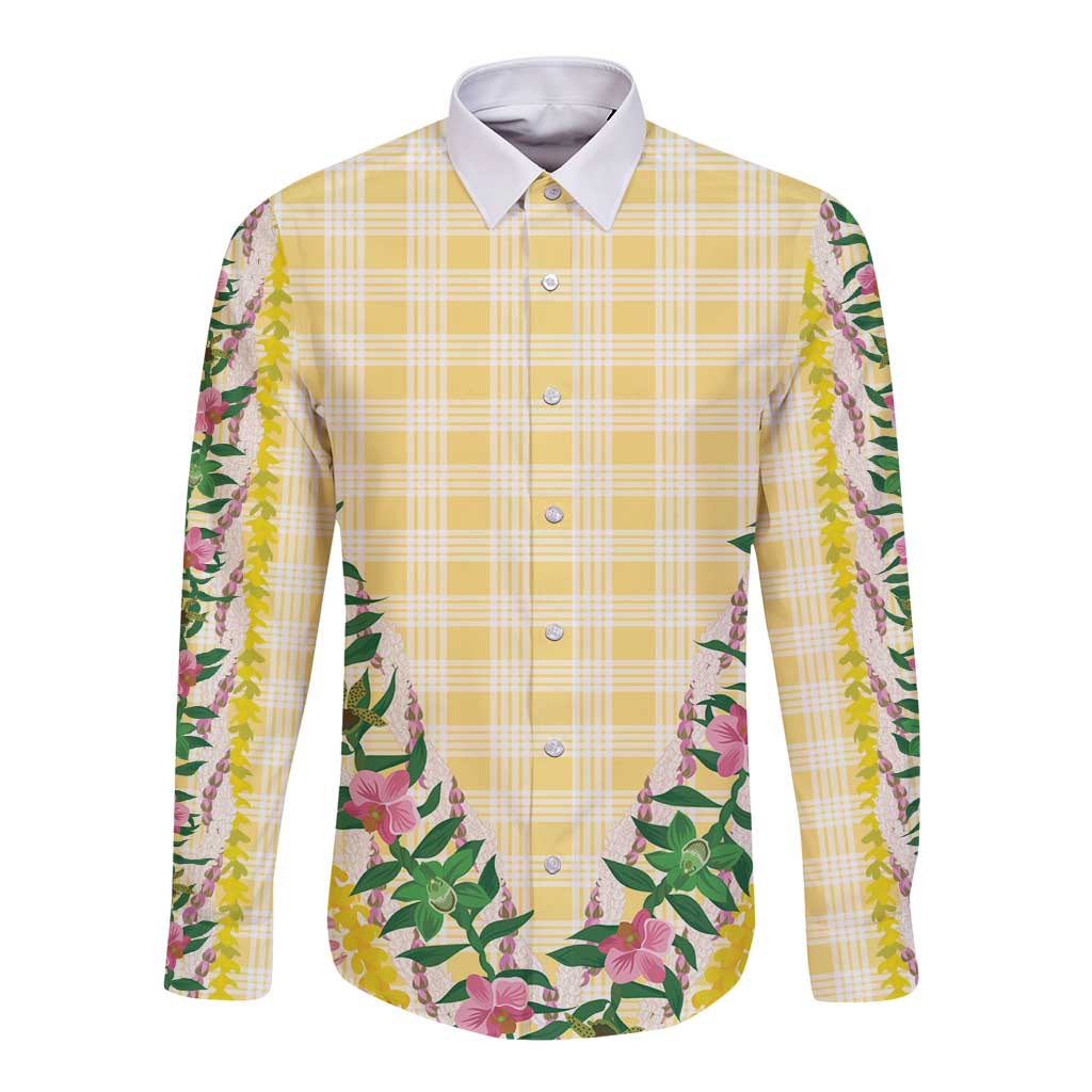 Hawaii Pikake Lokelani Plumeria Lei Long Sleeve Button Shirt Yellow Palaka Motifs
