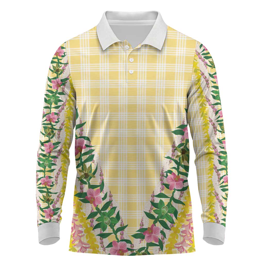 Hawaii Pikake Lokelani Plumeria Lei Long Sleeve Polo Shirt Yellow Palaka Motifs LT05 Yellow - Polynesian Pride