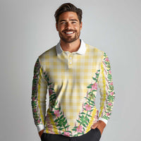 Hawaii Pikake Lokelani Plumeria Lei Long Sleeve Polo Shirt Yellow Palaka Motifs LT05 - Polynesian Pride