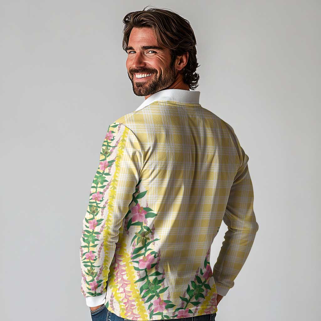 Hawaii Pikake Lokelani Plumeria Lei Long Sleeve Polo Shirt Yellow Palaka Motifs LT05 - Polynesian Pride