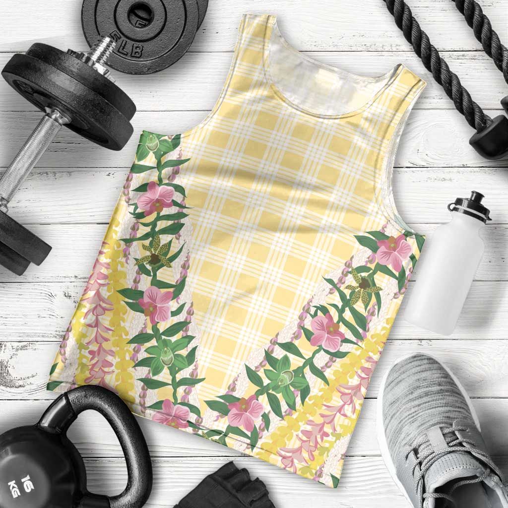 Hawaii Pikake Lokelani Plumeria Lei Men Tank Top Yellow Palaka Motifs LT05 - Polynesian Pride