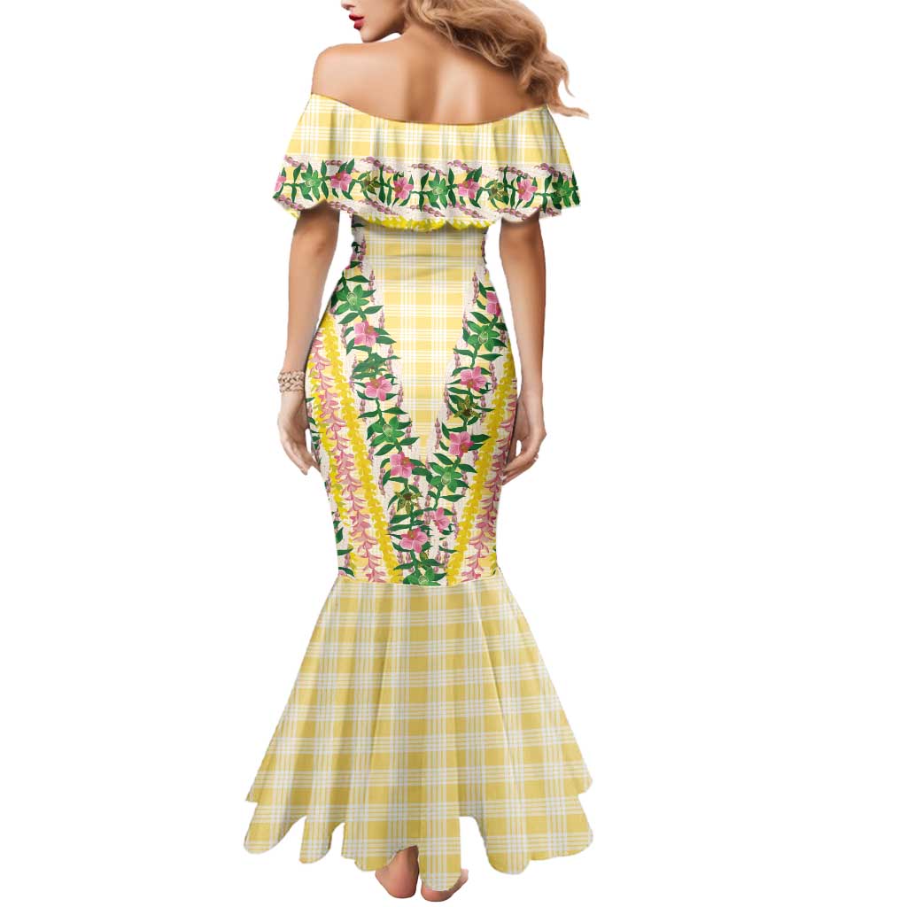 Hawaii Pikake Lokelani Plumeria Lei Mermaid Dress Yellow Palaka Motifs LT05 - Polynesian Pride