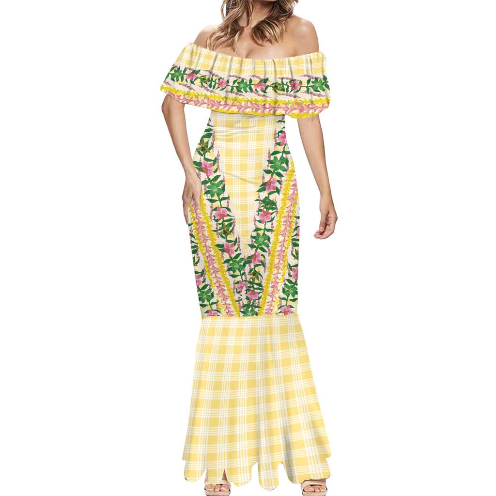 Hawaii Pikake Lokelani Plumeria Lei Mermaid Dress Yellow Palaka Motifs LT05 - Polynesian Pride