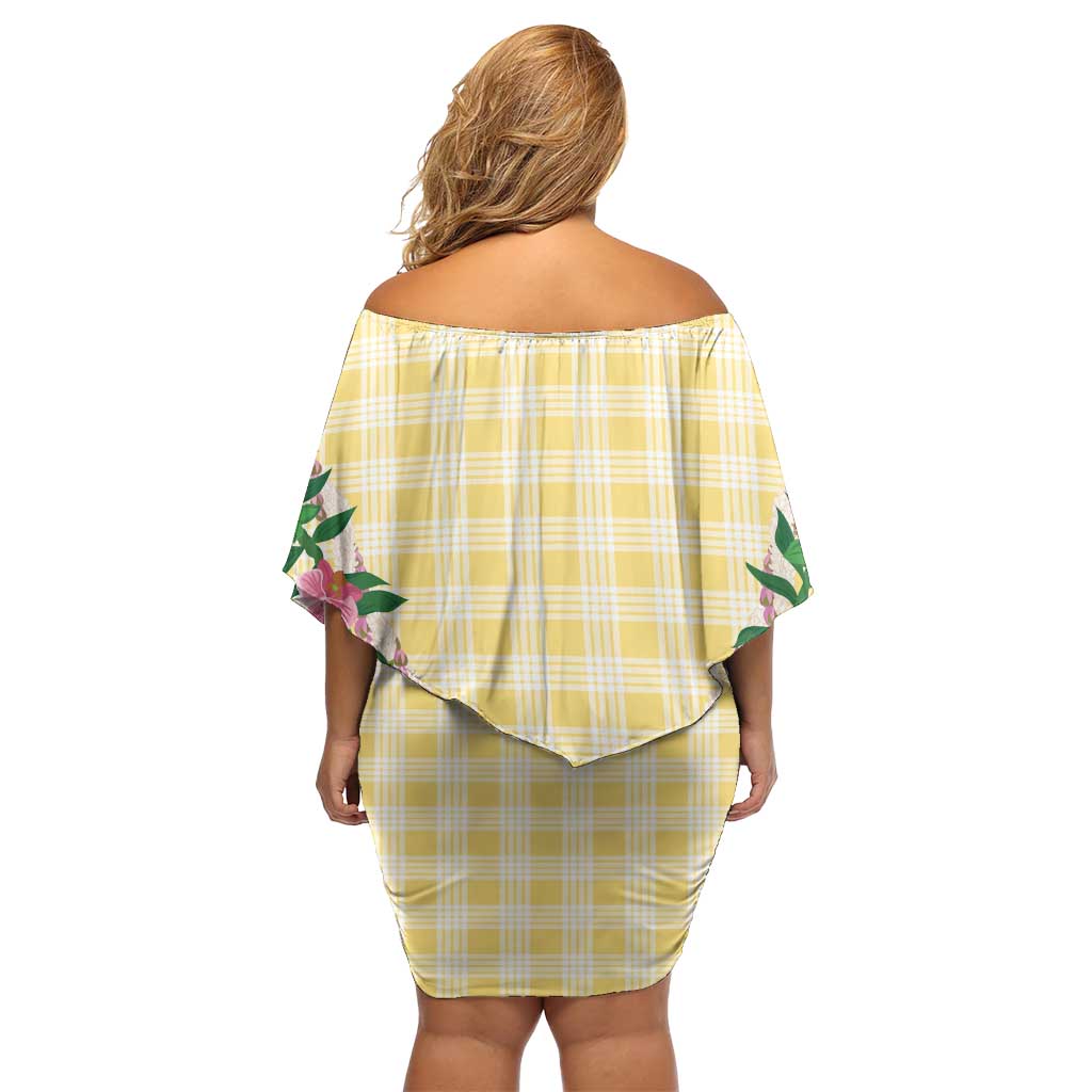 Hawaii Pikake Lokelani Plumeria Lei Off Shoulder Short Dress Yellow Palaka Motifs LT05 - Polynesian Pride