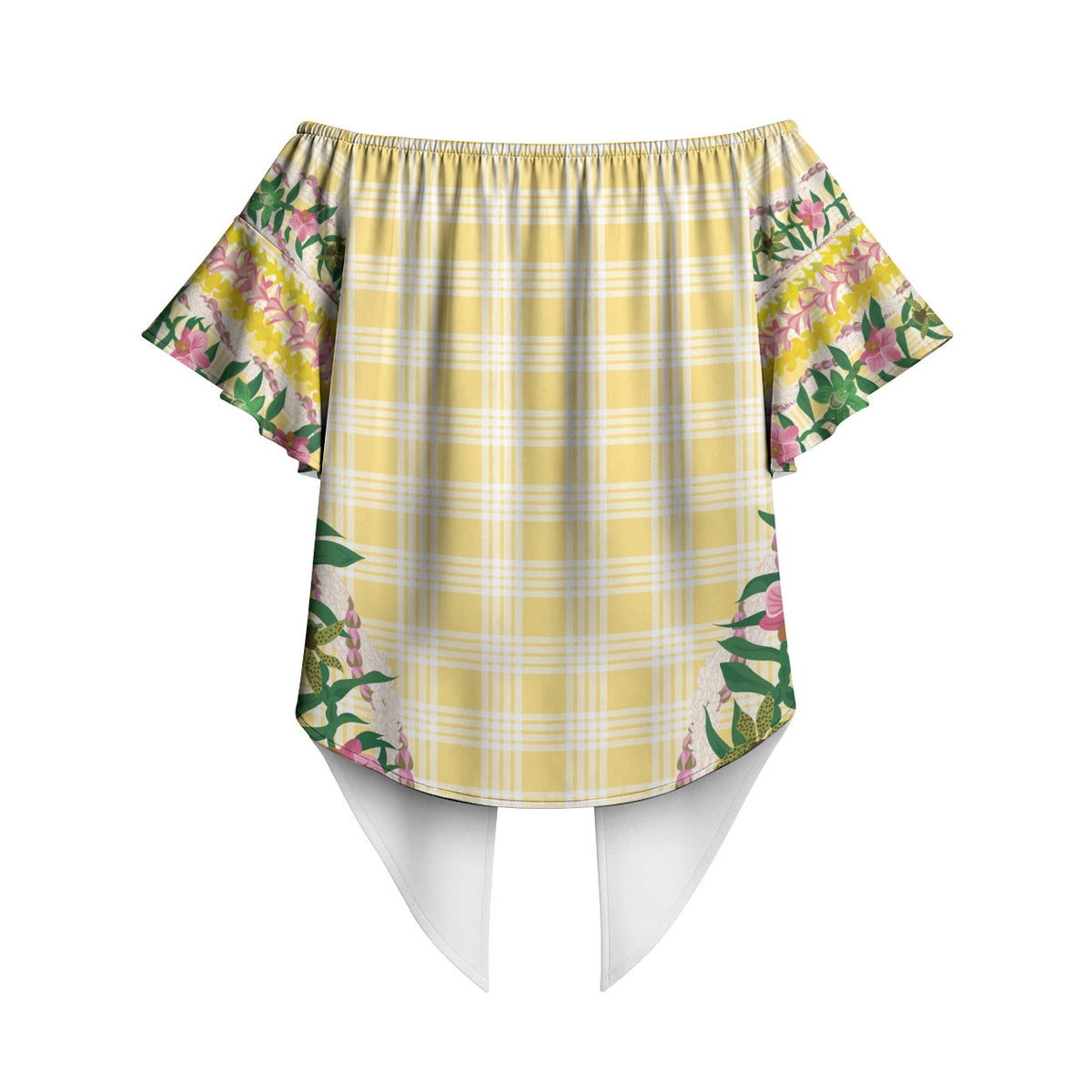 Hawaii Pikake Lokelani Plumeria Lei Off Shoulder Wrap Waist Top Yellow Palaka Motifs LT05 - Polynesian Pride
