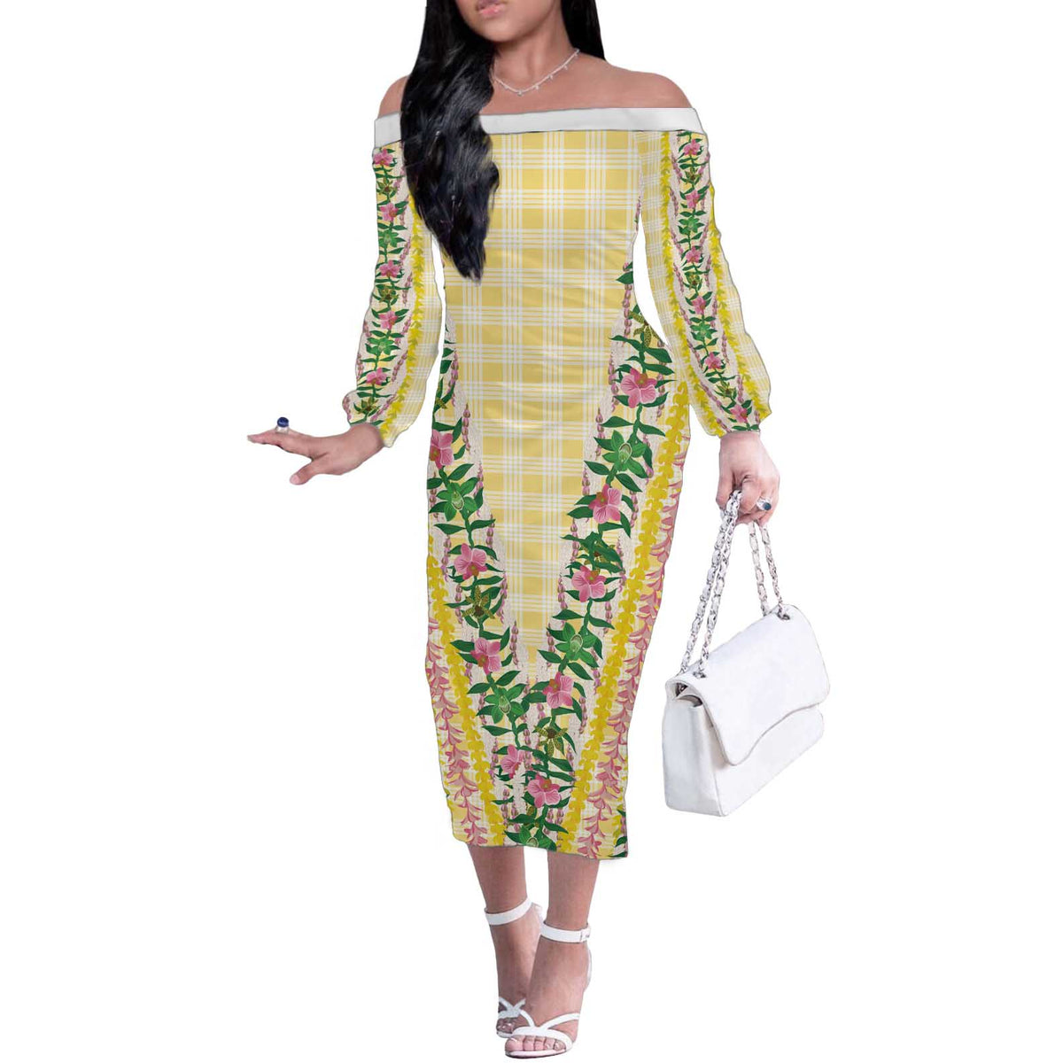 Hawaii Pikake Lokelani Plumeria Lei Off The Shoulder Long Sleeve Dress Yellow Palaka Motifs LT05 Women Yellow - Polynesian Pride