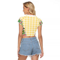 Hawaii Pikake Lokelani Plumeria Lei Raglan Cropped T Shirt Yellow Palaka Motifs LT05 - Polynesian Pride