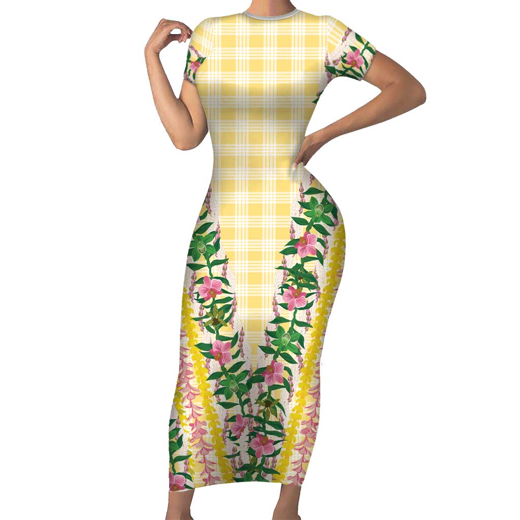 Hawaii Pikake Lokelani Plumeria Lei Short Sleeve Bodycon Dress Yellow Palaka Motifs LT05 Long Dress Yellow - Polynesian Pride