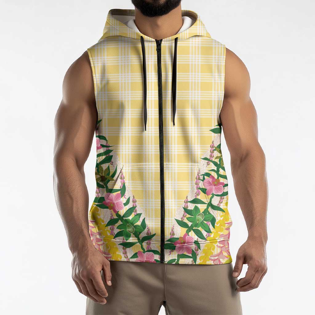 Hawaii Pikake Lokelani Plumeria Lei Sleeveless Zip Hoodie Yellow Palaka Motifs LT05 - Polynesian Pride