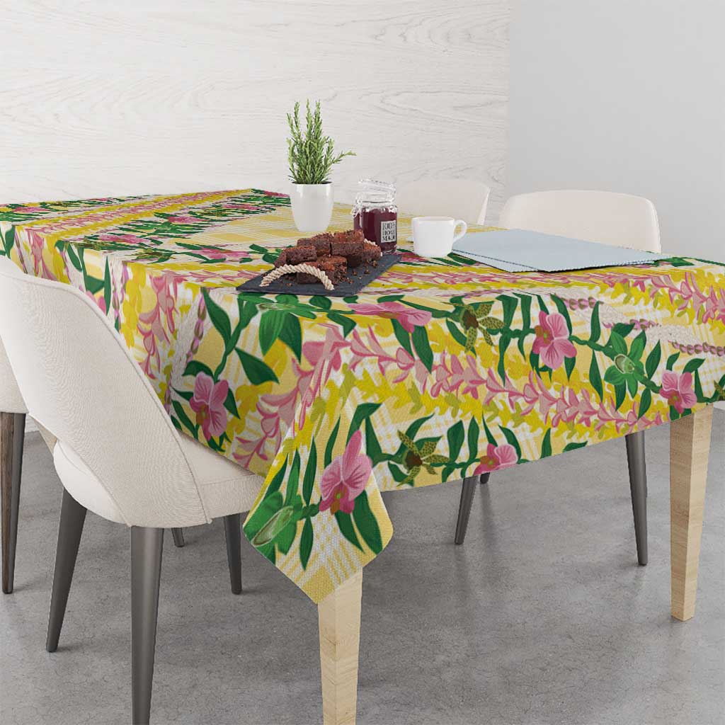 Hawaii Pikake Lokelani Plumeria Lei Tablecloth Yellow Palaka Motifs LT05 - Polynesian Pride