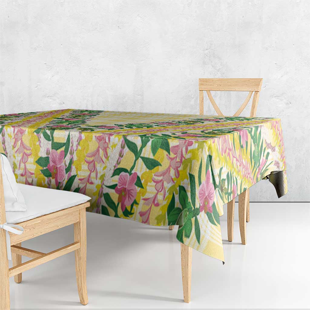 Hawaii Pikake Lokelani Plumeria Lei Tablecloth Yellow Palaka Motifs LT05 - Polynesian Pride