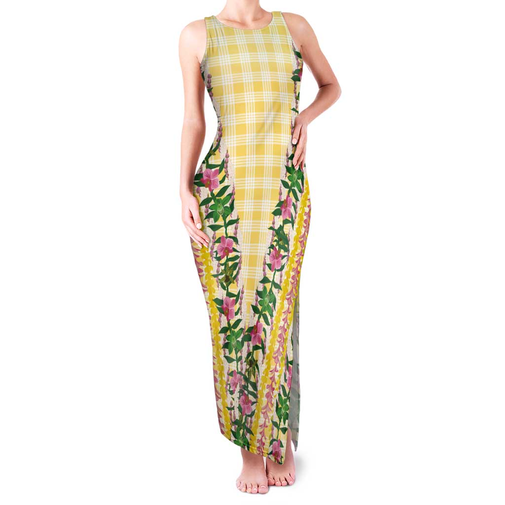 Hawaii Pikake Lokelani Plumeria Lei Tank Maxi Dress Yellow Palaka Motifs LT05 Women Yellow - Polynesian Pride