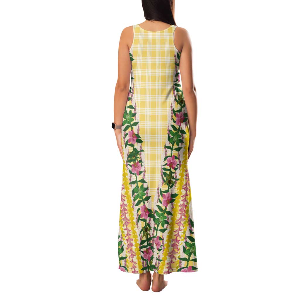 Hawaii Pikake Lokelani Plumeria Lei Tank Maxi Dress Yellow Palaka Motifs LT05 - Polynesian Pride