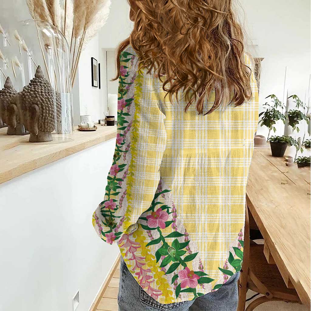 Hawaii Pikake Lokelani Plumeria Lei Women Casual Shirt Yellow Palaka Motifs