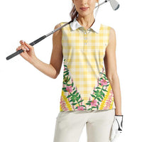 Hawaii Pikake Lokelani Plumeria Lei Women Sleeveless Polo Shirt Yellow Palaka Motifs
